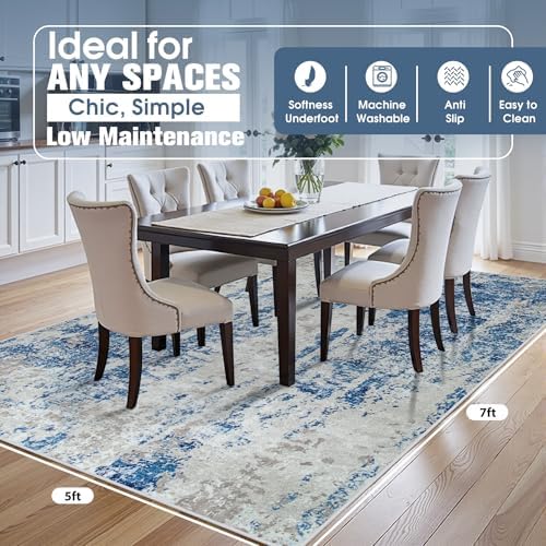 5x7 Area Rugs for Living Room Washable Bedroom Dining Room Blue Grey White - Image 2