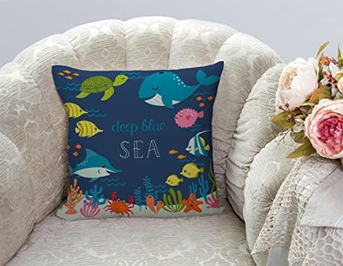 Cartoon Fish Whale Throw Pillow Cover 18 x 18 Inch, Cartoon Underwater Ocean Theme Sea Animal Nature Shark Turtle Decor Linen Cushion Cover for Sofa Couch Bed - Image 3