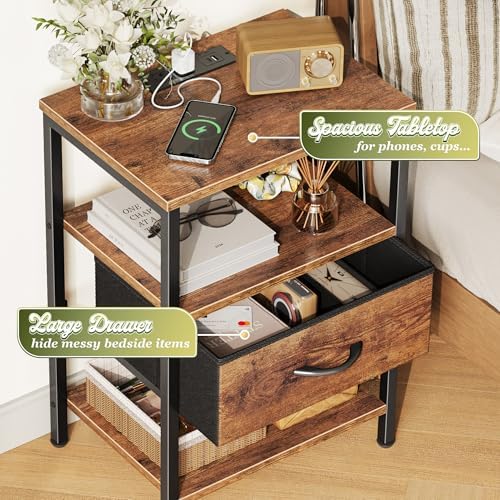 SUPERJARE Nightstand with Charging Station, Bed Side Table with Adjustable Fabric Drawer, Night Stand for Bedroom, 3-Tier Storage End Table, for Living Room, Rustic Brown - Image 5