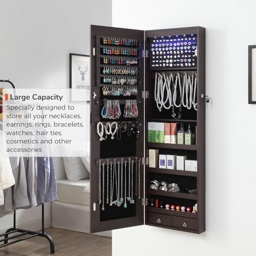 GISSAR Full Length Mirror Jewelry Cabinet, 6 LEDs Jewelry Armoire Wall Mounted Over The Door Hanging, Jewelry Organizer Storage with Lights Lockable, Brown, 14.6" x 47.2" - Image 3