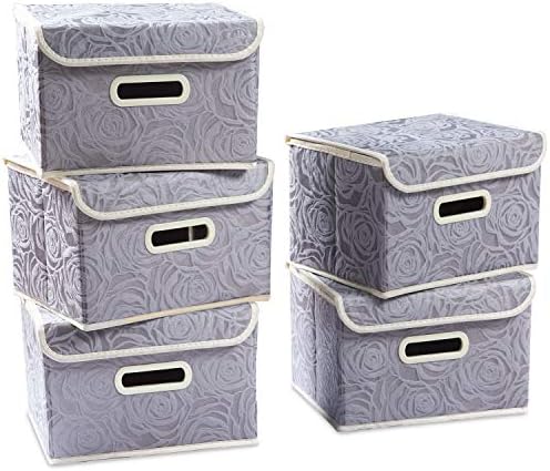 PRANDOM Stackable Storage Boxes with Lids [5-Pack] Fabric Decorative Storage Bins Cubes Organizer Containers Baskets with Cover Handles Divider for Bedroom Closet Living Room Grey 9.8x7.9x6.7 Inch by Prandom
