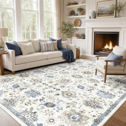 AMADA HOMEFURNISHING Washable Area Rug, Low-Profile Large Area Rug with Non-Slip Backing & Durable Edge Binding, Vintage Large Rugs for Living Room, Bedroom, Dinning Room (8x10,Blue/White) by AMADAHOMEFURNISHING