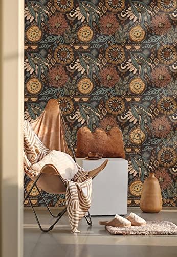 HAOKHOME Boho Peel and Stick Wallpaper Floral Botanical 17.3in x 32.8ft | Renter Friendly Removable Vintage Textured Wall Paper Retro Brown Green Vintage Cottagecore for Bedroom Bathroom Accent Wall - Image 5