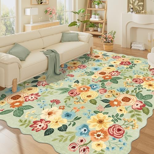 DUKINO 8x10 Area Rug for Living Room, Floral Washable Rug Non Slip, Green by DUKINO