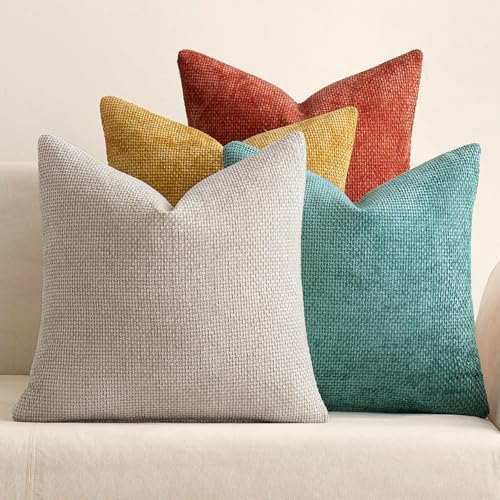 MIULEE Decorative Chenille Fall Pillow Covers Orange Teal 18x18 Pack of 4 by MIULEE