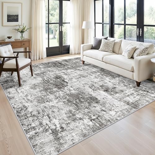 8x8 Square Area Rug Living Room – Non-Slip Washable Large Floor Carpet for Bedroom Dining Room Playroom Room – Modern Abstract Neutral Thin Low-Pile Big Indoor Rug (Grey) by ZHXXUJ