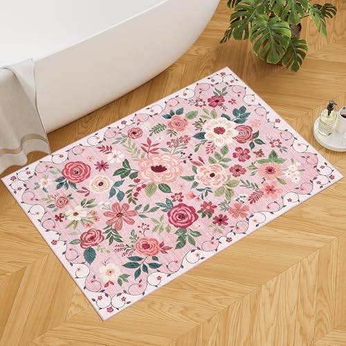 DUKINO 2x3 Entryway Rug, Floral Door Mat Soft Washable Rug Non Slip, Pink - Image 5