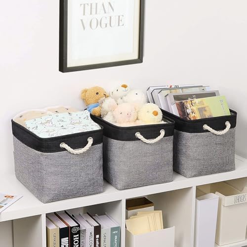 TheWarmHome Storage Basket for Organizing - 16x12x12 inch Cube Storage bin 3 Pack Fabric Storage Cubes, Collapsible Storage Box for Organizer Cloth Gift Toy Closet (Black & Grey) - Image 6