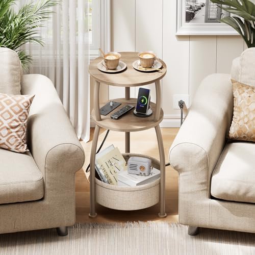 Side Table with Charging Station, Small Round End Table with Basket - Image 4
