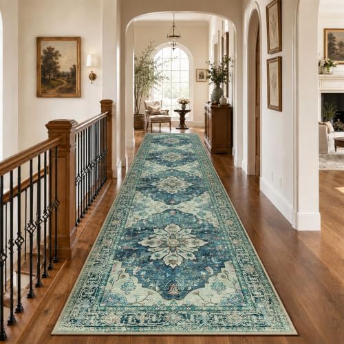 RELEANY Washable Area Rug, Runner 3'x12', Blue/Vintage Dark Blue by RELEANY