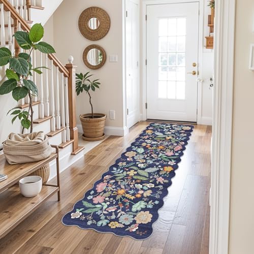 2x6 Hallway Floral Rug Runner: Washable Non Slip Low Pile Area Rug for Kitchen Front Door Soft Water Resistant Carpet for Bathroom Light Weight Durable Floor Mat for Bedroom Nursery(2x6/Blue/Purple) - Image 3