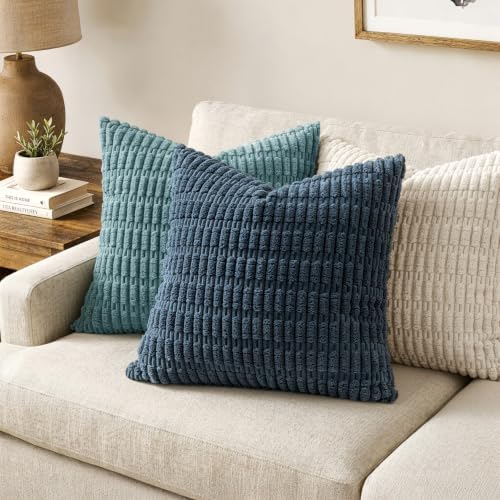 MIULEE Euro Sham Corduroy Decorative Throw Pillow Covers 24x24 Blue - Image 3
