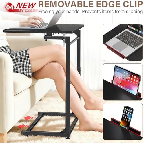 Extra Large TV Tray Table Set of 2, Heavy Duty C-Shaped Laptop Desk with 8-Level Height & 90° Tilt, Folding Overbed End Table for Couch and Bed, Black Finish with Phone/Tablet Slot for Small Spaces - Image 5