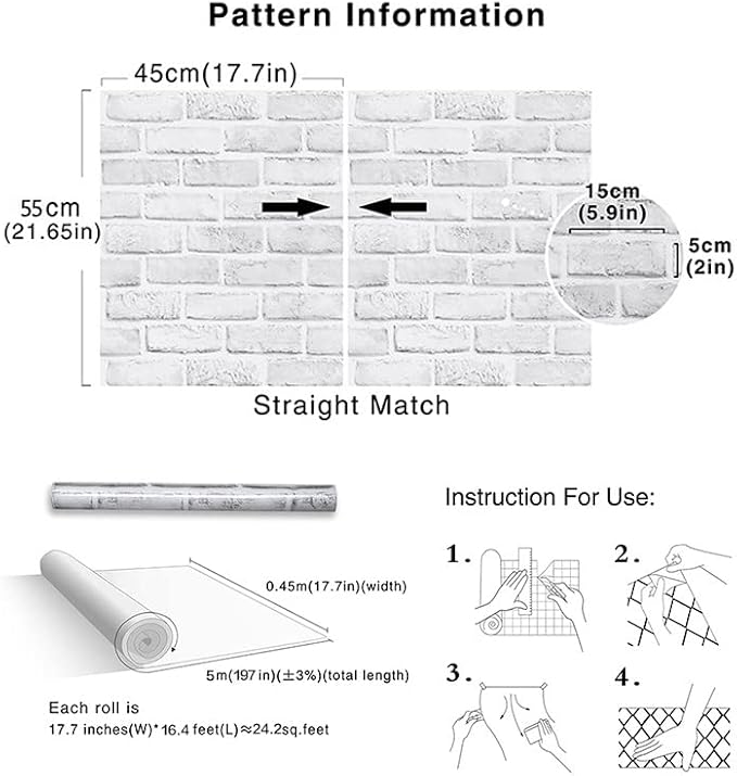 Cohoo Home White Brick Wallpaper Peel and Stick Contact Paper Faux 197”×18” | White Gray Brick Contact Paper for Walls Self Adhesive Removable Wall Covering for Kitchen, Bedroom, Fireplace & Backsplash - Image 5