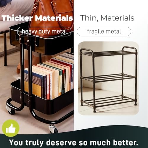 2 Tier Cart with Wheels Heavy Duty Metal Rolling Storage Cart for Under Desk Storage, Short Small Utility Shelf for Pantry Kitchen Bathroom Laundry, Home Organizer with Large Basket, Black - Image 4