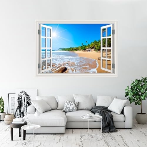 Fake Window Wall Decal- Summer Beach Seascape Coast Open Wall Art Sticker | Faux Window Tropical Ocean Natural Scenery Landscape Mural｜ Stick and Peel Wall Decals｜for Room Bedroom Office Decor｜24"x16" - Image 5