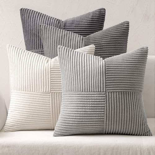 MIULEE Neutral Grey Decorative Throw Pillow Covers 18x18 Inch Set of 4 Modern Farmhouse Corduroy Cushion Cases Striped Patchwork Pillow Cases for Couch Sofa Bedroom Home Decor by MIULEE
