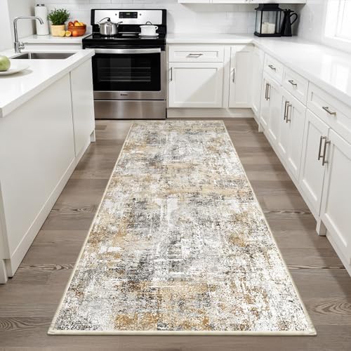 3x6 Washable Non-Slip Kitchen Runner Rug – Modern Abstract Wide Carpet Runner with Rubber Backing for Entryway, Hallway, Bathroom Low Pile Thin (Gold Grey) - Image 3