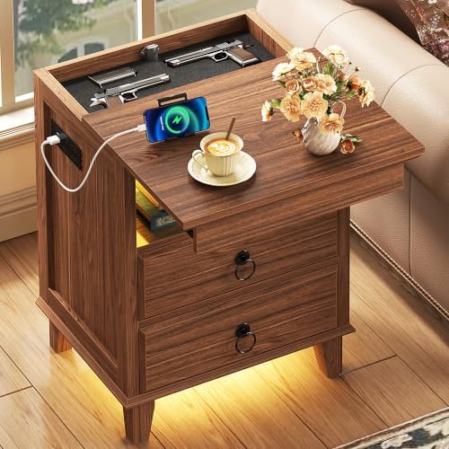 Yusong LED Night Stand with Gun Drawer, Bedside Table with Charging Station, Sofa Couch End Side Table with with 2 Drawers ＆Open Shelf for Bedroom, Brown by Yusong