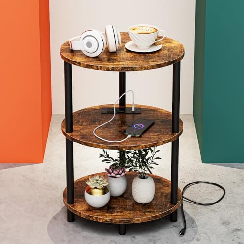 Small Round Side Table - 3-Tier Oval Accent Table for Small Spaces, Rustic Wood and Metal Nightstand for Living Room or Bedroom, with Built-in USB Ports and Power Outlet, Rustic Brown by RISWER