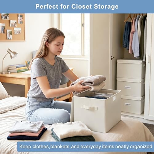 Bagnizer Large 22 Quart [4-Pack] Linen Fabric Foldable Storage Bin Cube Organizer Basket with Flip-Top Lid & Handles, Clothes Blanket Box for Home, Office, Closet (14.6 x 9.5 x 9.5, Beige) - Image 3