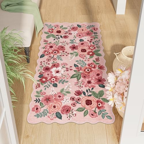 DUKINO 2x4 Rug for Entryway, Floral Washable Kitchen Rugs Non Slip, Pink by DUKINO