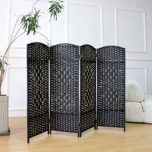 4-Panel Short Room Divider, 3.9 ft Freestanding Partition Wall, Natural Black Rattan Double-Sided Folding Screen for Living Room, Bedroom & Corner Privacy - Image 4