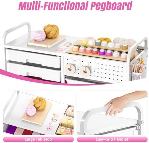14 Drawer Rolling Storage Cart with Tabletop and Pegboard for Crafts Pink - Image 7