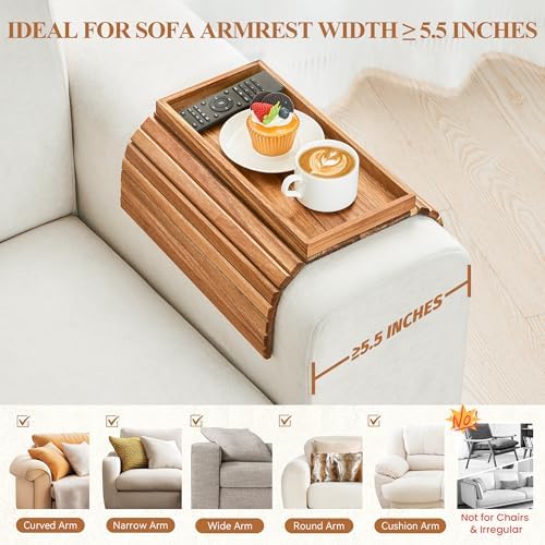 GEHE Acacia Wood Sofa Arm Tray, Foldable Couch Arm Tray Side Table, Anti-Falling Armrest Tables Cup Holder for Snacks, Drinks, Beers, Phone, Control, Flexible and Portable, Anti-Slip - Image 5