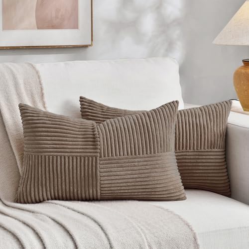 Fancy Homi Set of 2, Light Brown Patchwork Corduroy Decorative Soft Striped Modern Accent Cushion Case Farmhouse Boho Neutral Throw Pillow Covers for Chair Couch Bed Sofa Living Room 28x16 Inch by Fancy+Homi