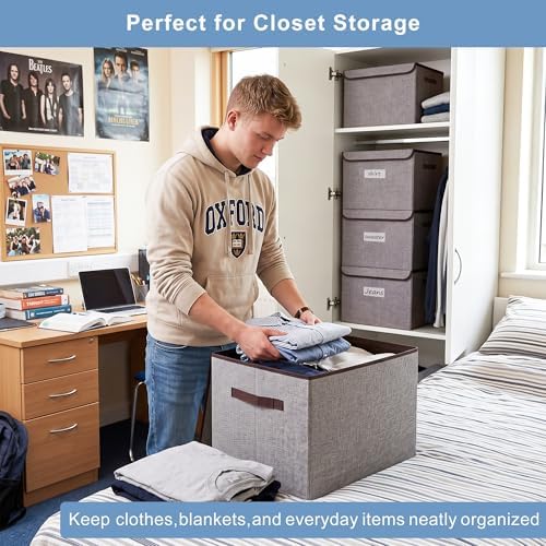 Bagnizer Large 17" 42 Quarts Collapsible Stackable Storage Bins with Lids [3-Pack] Foldable Fabric Linen Storage Boxes Cube, Closet Organizer Baskets with Label for Home (16.7 x 12 x 12, Gray) - Image 3