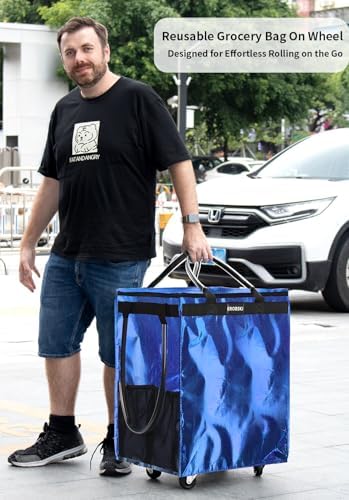 Medium Blue Reusable Grocery Bag on Wheels, Foldable Rolling Tote Bag, - Image 3