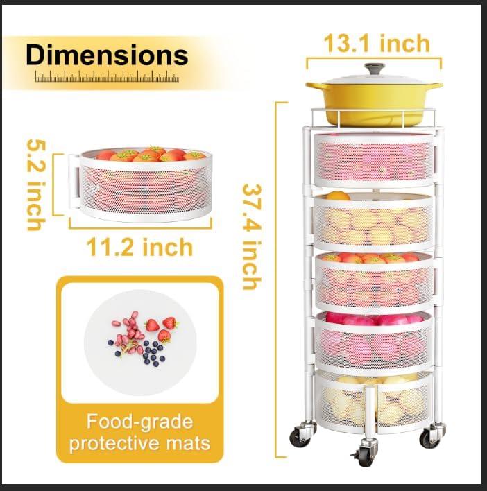 SNTD 5-Tier Fruit and Vegetable Basket Bowls for Kitchen, Rotating, White - Image 2
