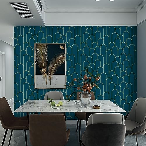 Yasinet Peel and Stick Wallpaper Stripe Removable Blue Contact Paper Blue/Gold Geometric Self Adhesive Decorative for Wall Countertop Cabinet Furniture Vinyl Film 17.3''x393.7'' - Image 2