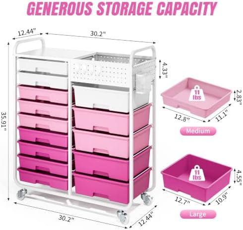 14 Drawer Rolling Storage Cart with Tabletop and Pegboard for Crafts Pink - Image 3