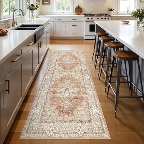3x8 Washable Hallway Runner Rug - Non-Slip Vintage Rugs Terracotta Beige by Puino