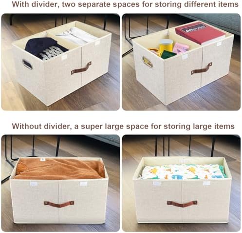 TYEERS Extra Large Collapsible Storage Bins with Lids and Compartments, Washable, Fabric Storage Boxes, 21.7x13x11.8 inches, 2 Pack, Beige - Image 3