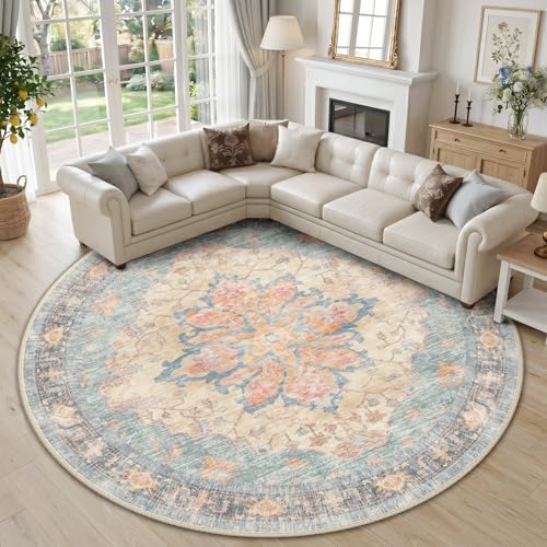 RELEANY Washable Area Rug, Round 10ft, Blue/Orange/Red by RELEANY