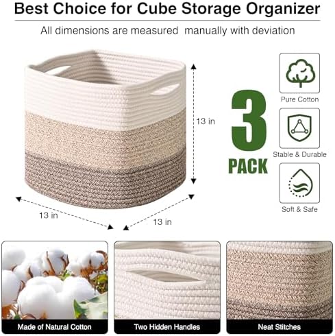 ICERZCZ 13 Inch Cube Closet Storage Bins, Woven Cotton Rope Organizer Baskets for Organizing & Shelves, Books, Towels, Clothes, Toys, 13x13x13 in, Gradient Brown (Pack of 3) - Image 2