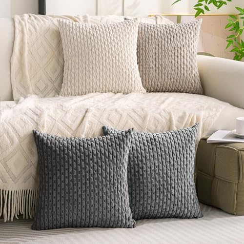Set of 4 Grey White Taupe Decorative Throw Pillow Covers 18x18 Inch Corduroy Pillow Covers for Bed Couch Sofa Living Room Soft Square Cushion Cases - Image 2
