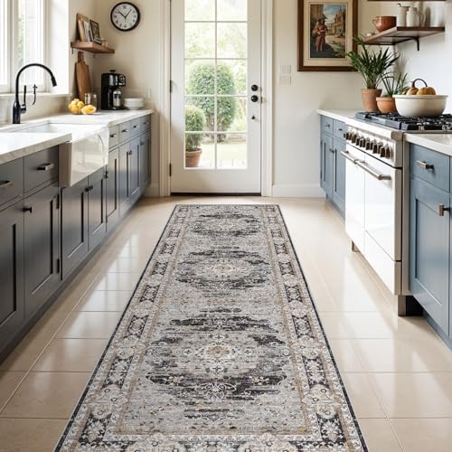 3x10 Washable Hallway Runner Rug - Non-Slip Vintage Kitchen Rugs Black Gray by Puino