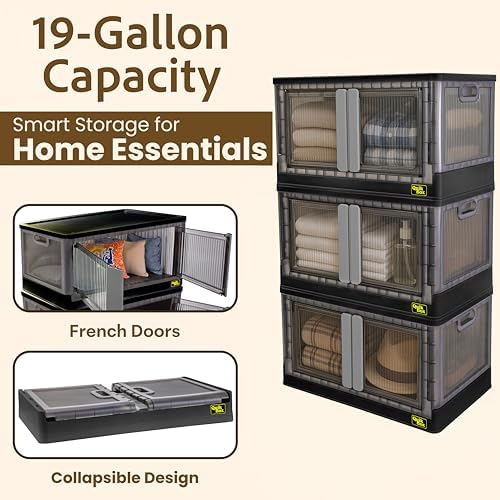 Quik Box - 19 Gallon 3 Pack Stackable Storage Bins with Doors, Collapsible Organizer Foldable Container, for Bedroom Living Room Neat, Tidy Dorms and Organized Homes, Boxes - Image 4