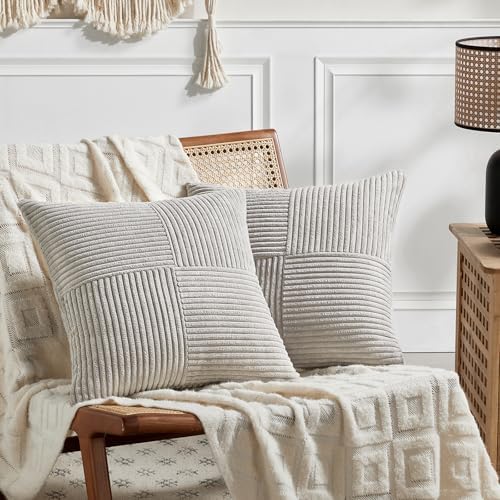 Fancy Homi 2 Packs Neutral Grey Decorative Throw Pillow Covers 22x22 Inch for Living Room Couch Bed Sofa, Rustic Farmhouse Boho Home Decor, Soft Corss Corduroy Patchwork Accent Cushion Case 55x55 cm by Fancy+Homi