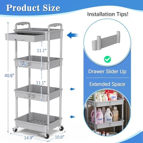 SUNALLY 4 Tier Rolling Cart with Drawer, Craft Storage Cart Organizer, Gray - Image 2