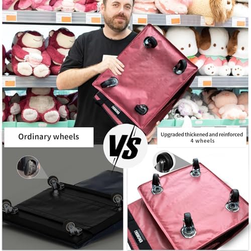(Medium,Pink) Reusable Grocery Bag on Wheels, 70L Foldable Rolling Tote,Extra Storage for Shopping, Zipper Clouser Shopping Carts for Groceries,Trips, Laundry, Moving,4 Heavy Duty Wheels - Image 5