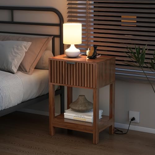 Nasonet Night Stand Set 2, Fluted Nightstand with Charging Station, Wood Bedside Table with Drawer & Storage Shelf, Modern End Tables for Bedroom Sofa Couch Office, Walnut - Image 4