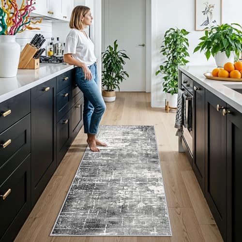 2x6 Abstract Kitchen Runner Rug - Washable Non-Slip Hallway Bedroom Carpet Low Pile Laundry Entryway Rugs with Non Slip Rubber Backing Modern Home Decor Mat for Dining Room Bathroom (2x6 Black/Grey) by HYHAOYUNLAI