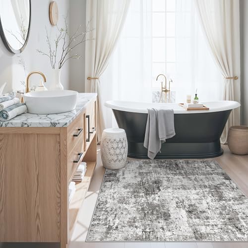 4x4 Square Entryway Rug Washable – Non-Slip Small Area Rug for Kitchen or Bathroom, Soft Low-Pile Indoor Mat, Modern Abstract Thin Door Carpet (Grey) - Image 4