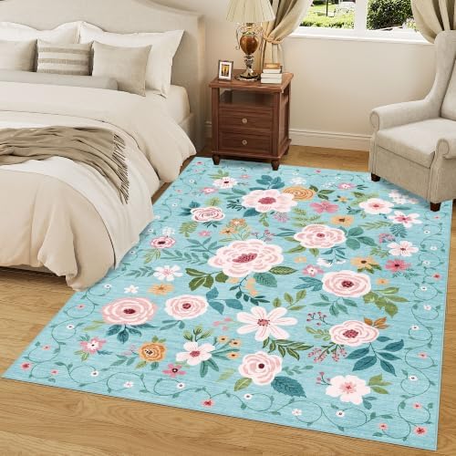 DUKINO 5x7 Area Rugs, Floral Washable Rug for Living Room Non Slip, Teal - Image 3