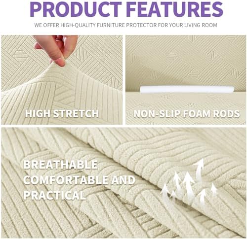 ZNSAYOTX Super Stretch Couch Cover (72"-92"), New Striped Sofa Covers Fitted Slipcovers with Elastic Bottom, Dog Cat Pets Proof Spandex Fabric Comfortable & Durable (Beige, Sofa) - Image 4